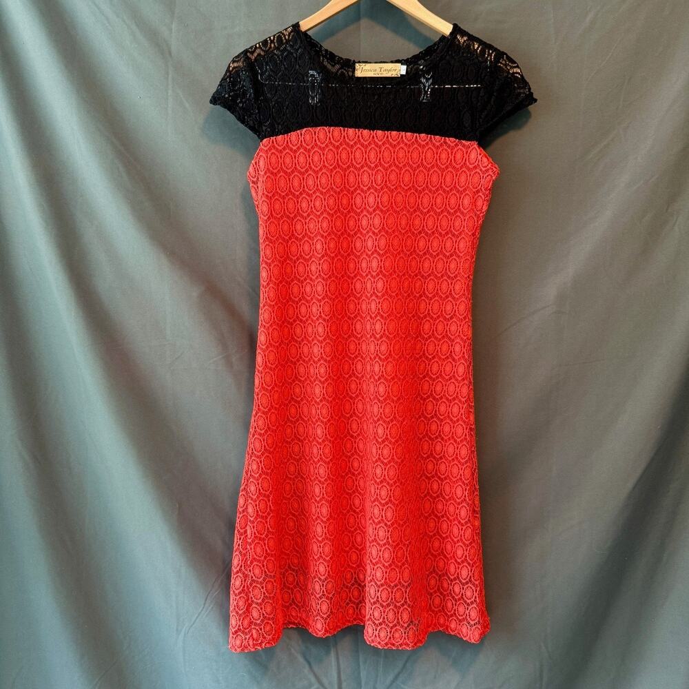 Jessica Taylor NYC Women’s Lace Overlay Dress Red & Black Size L Cap Sleeve